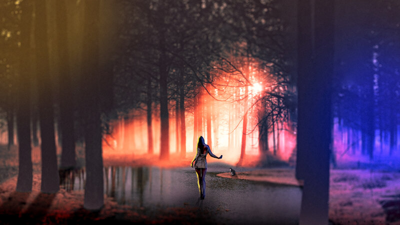 Woman Walking in Forest — Red, Dramatic
