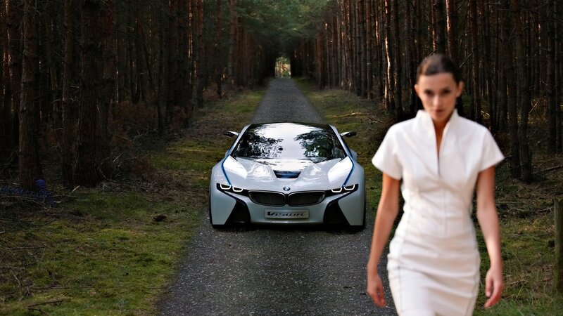 Woman walking in forest with car