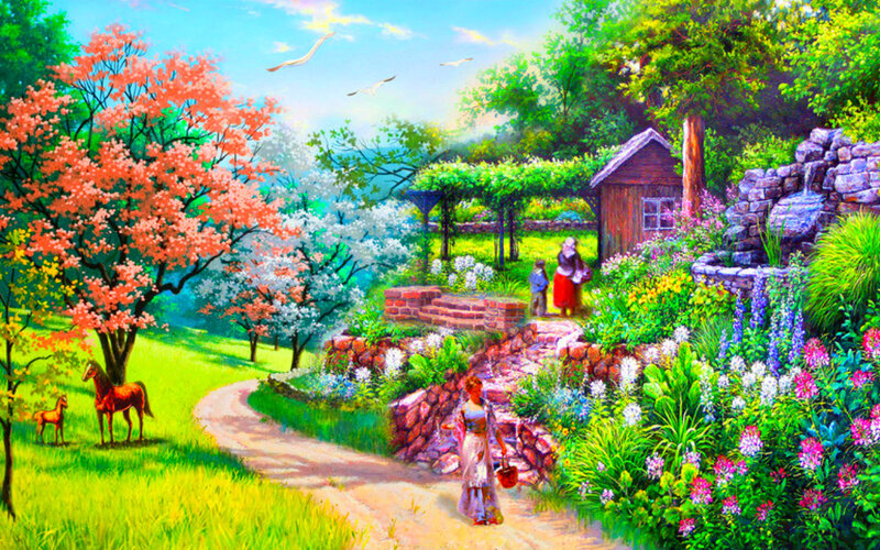 Woman Walking in Garden — Green, Serene, Spring, Painting