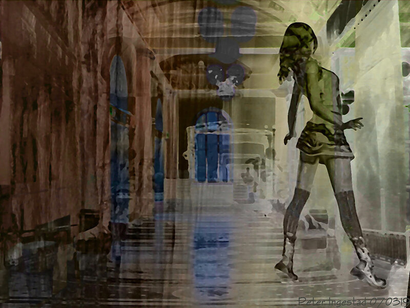Woman Walking in Hallway — Green