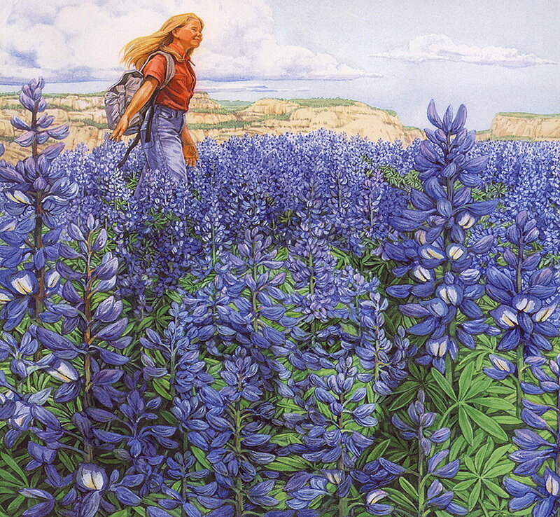 Woman Walking in Lupine Field