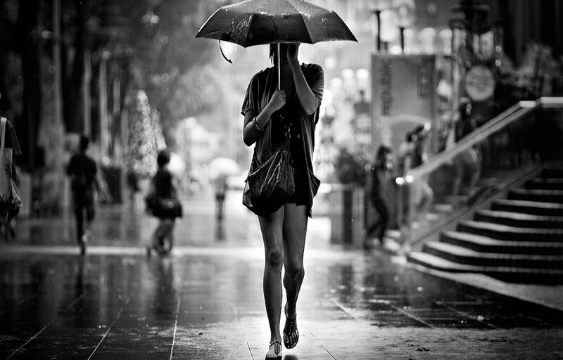 Woman Walking in Rain — Black, Dramatic, Night