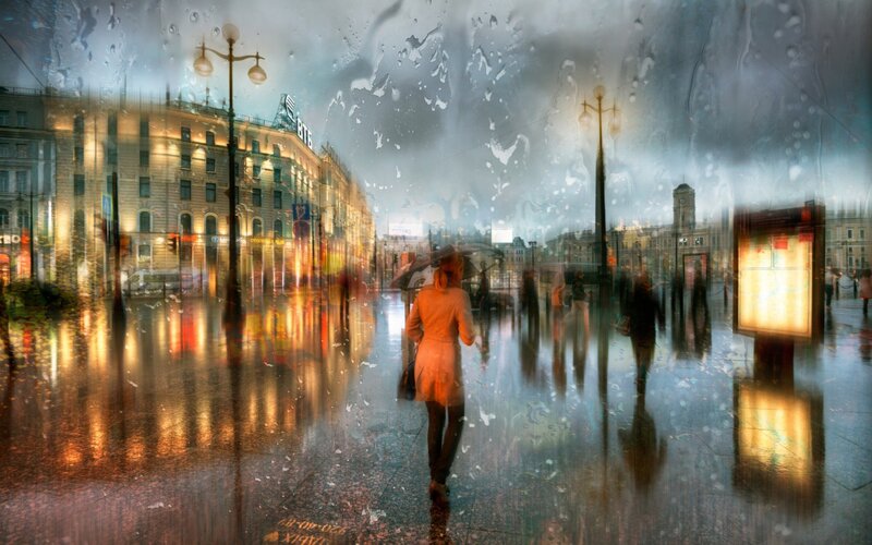 Woman Walking in Rain — Gray