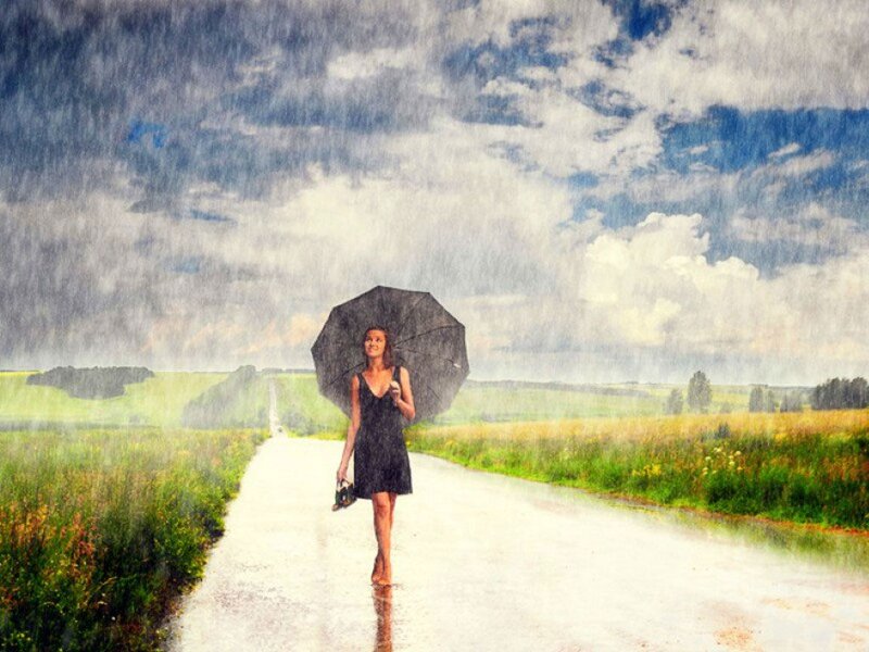Woman Walking in Rain — Green