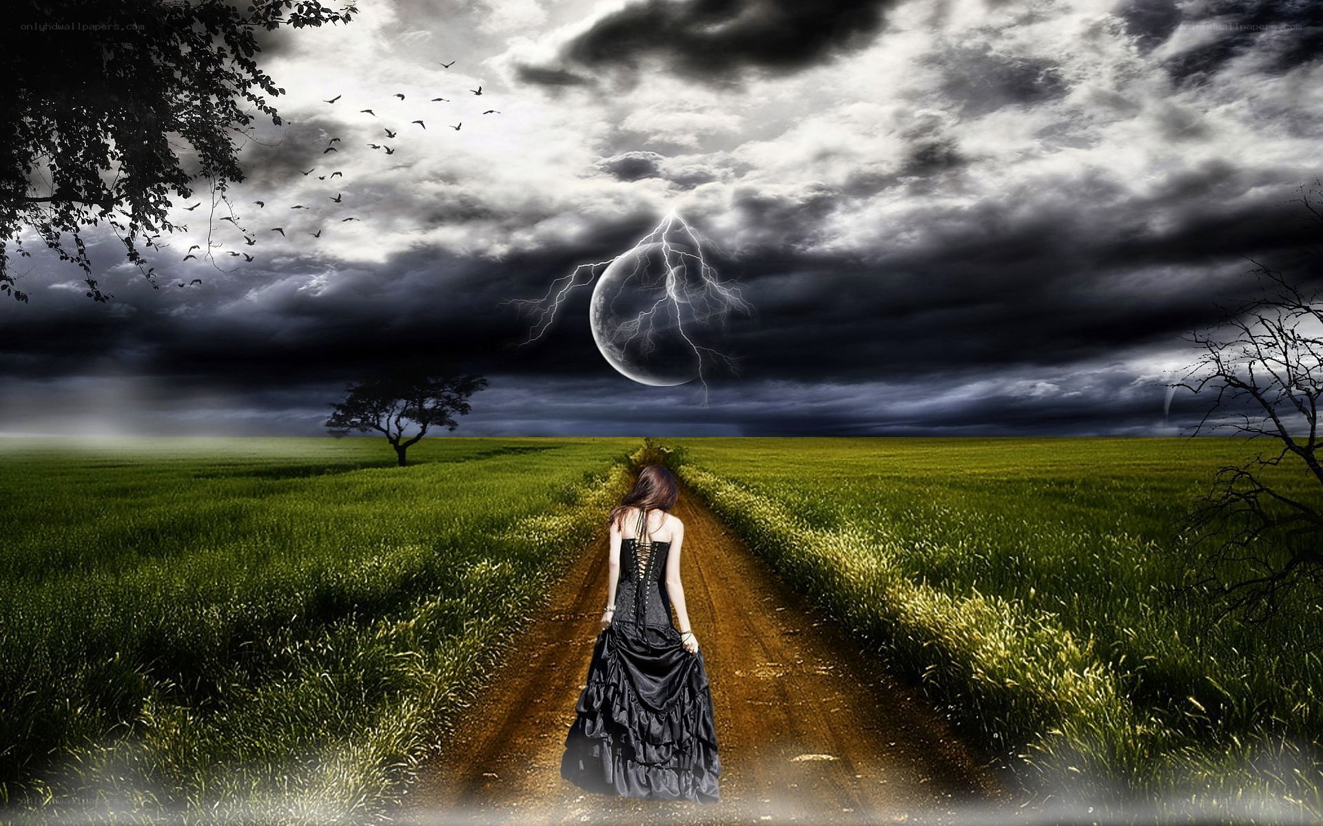 Woman walking on a stormy path