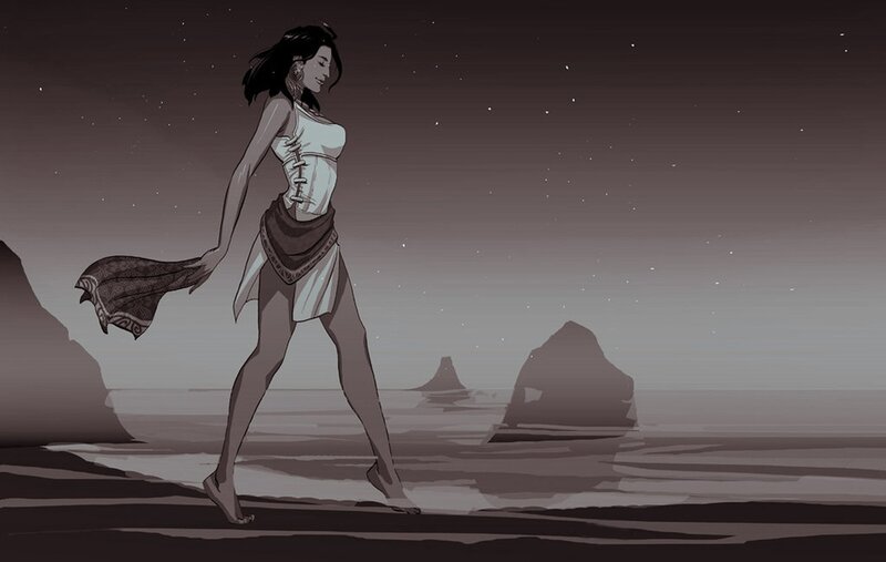 woman walking on beach at night