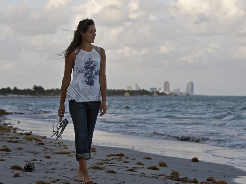 Woman Walking on Beach — Blue, Calm, Sunset