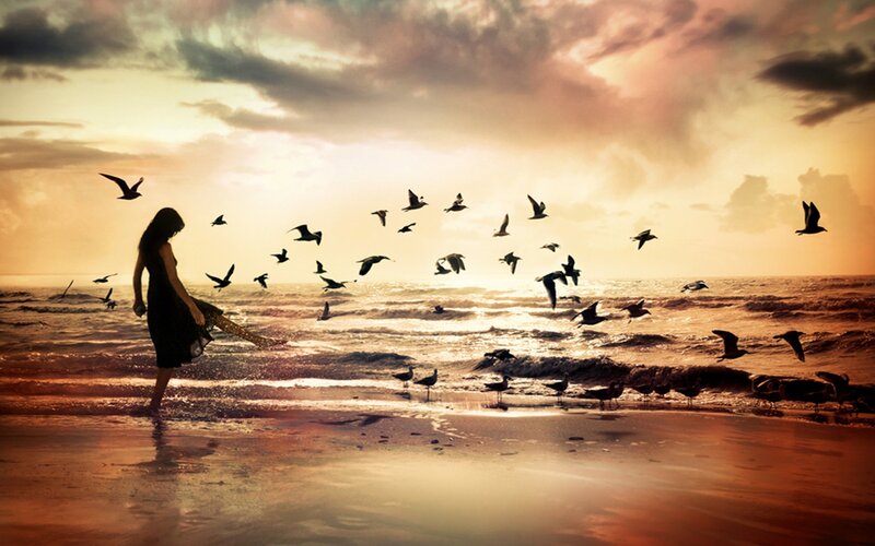 Woman Walking on Beach — Orange, Dramatic