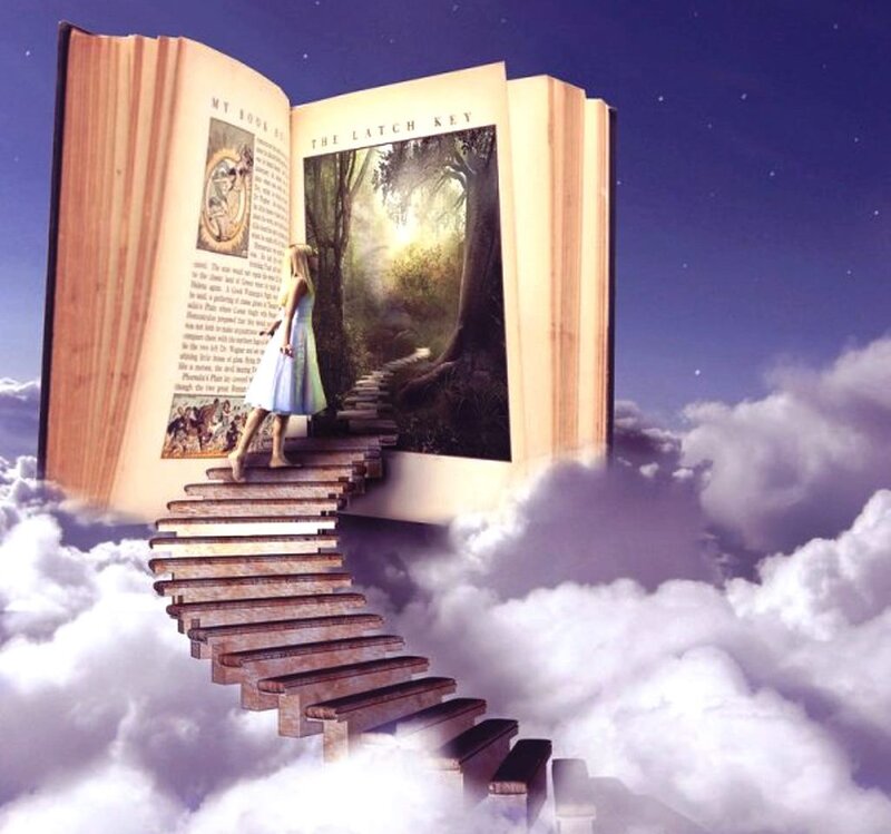 Woman Walking on Book Stairs