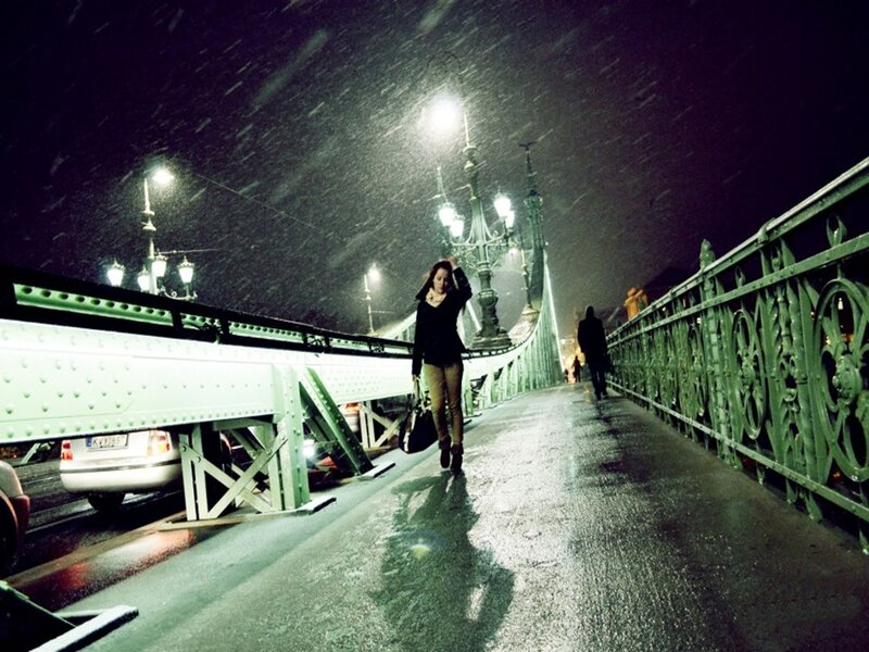 Woman Walking on Bridge — Green