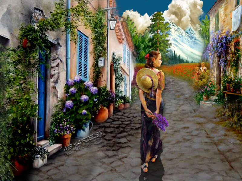Woman Walking on Cobblestone Street