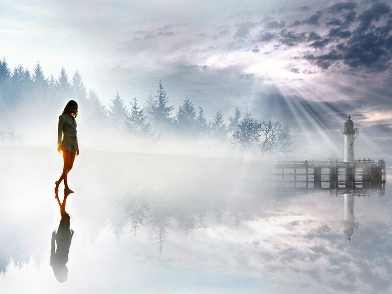 Woman walking on misty water
