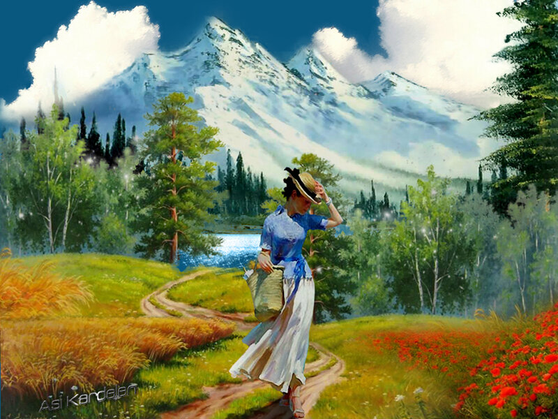 Woman Walking on Path — Blue, Serene
