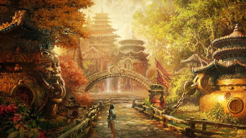 Woman Walking on Path — Gold, Serene, Autumn, Digital Art, Pagoda, Bridge