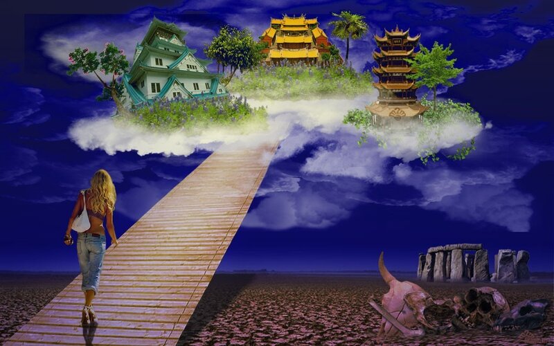 woman walking on path to floating islands