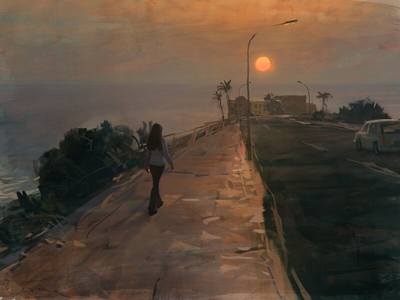 Woman Walking on Pier — Orange