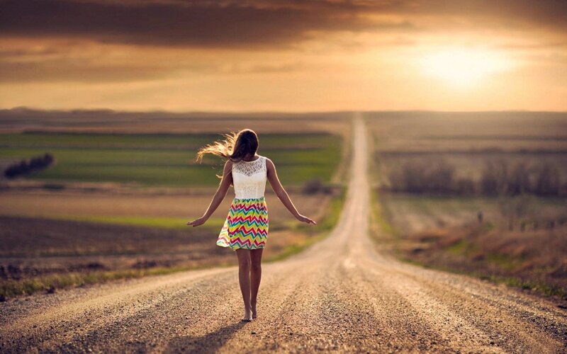 Woman Walking on Road — Brown, Serene