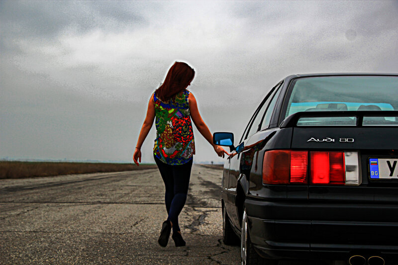 Woman Walking on Road — Gray