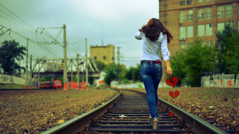 Woman Walking on Train Tracks — Blue, Melancholic
