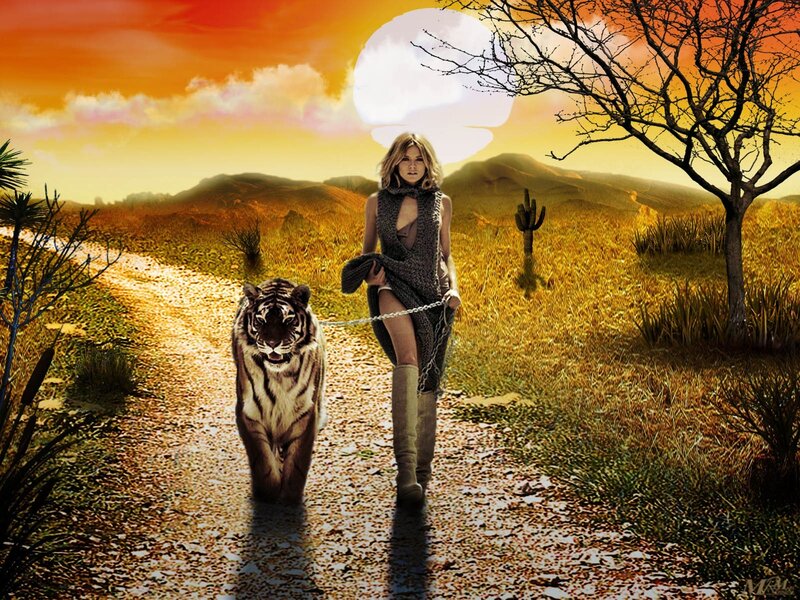 Woman Walking Tiger