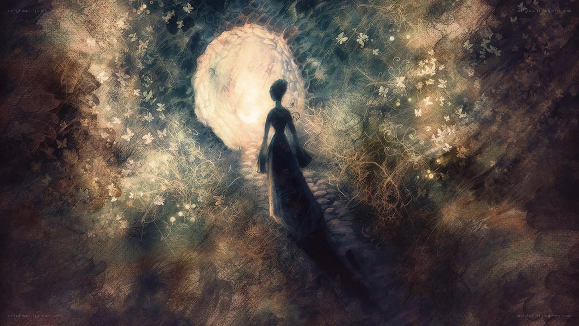 woman walking toward light