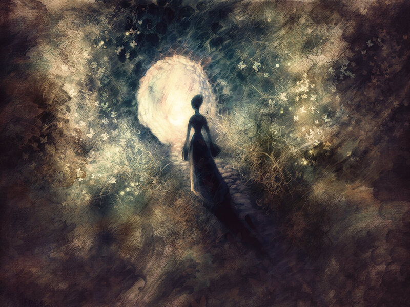 woman walking toward light
