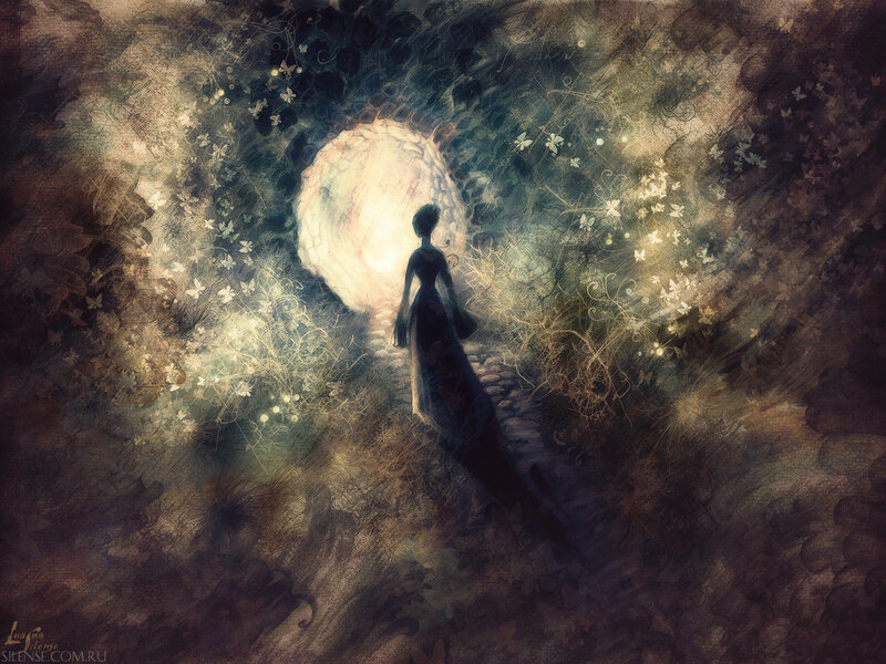 woman walking toward light