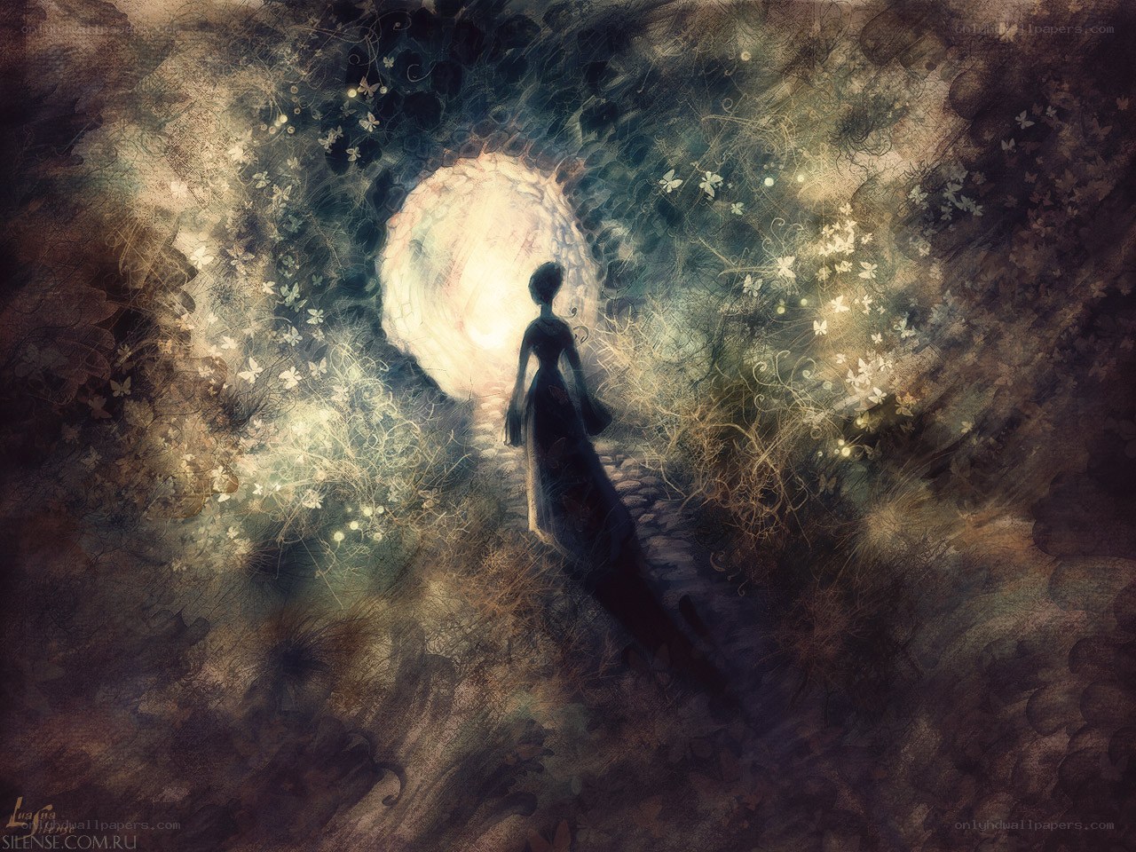 woman walking toward light