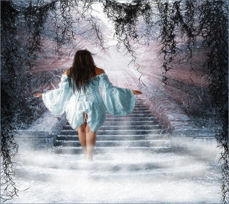 woman walking up stairs in forest