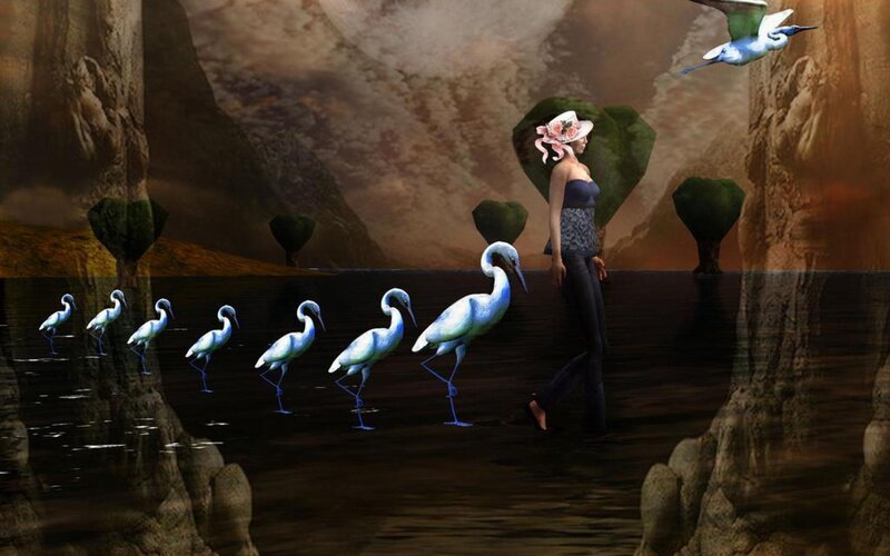 Woman Walking with Birds — Blue
