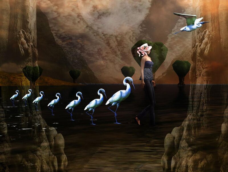 woman walking with birds