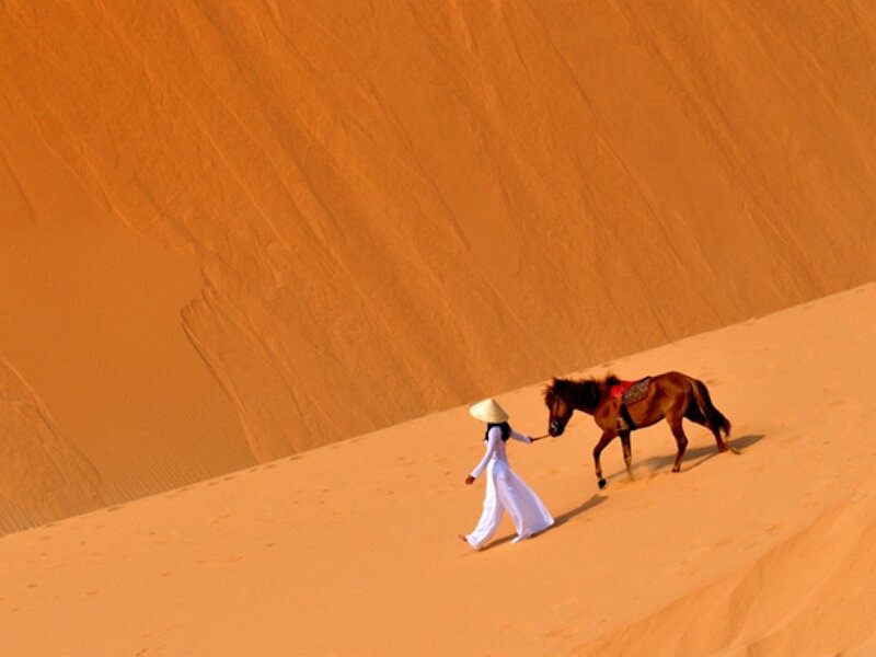 Woman walking with horse in desert