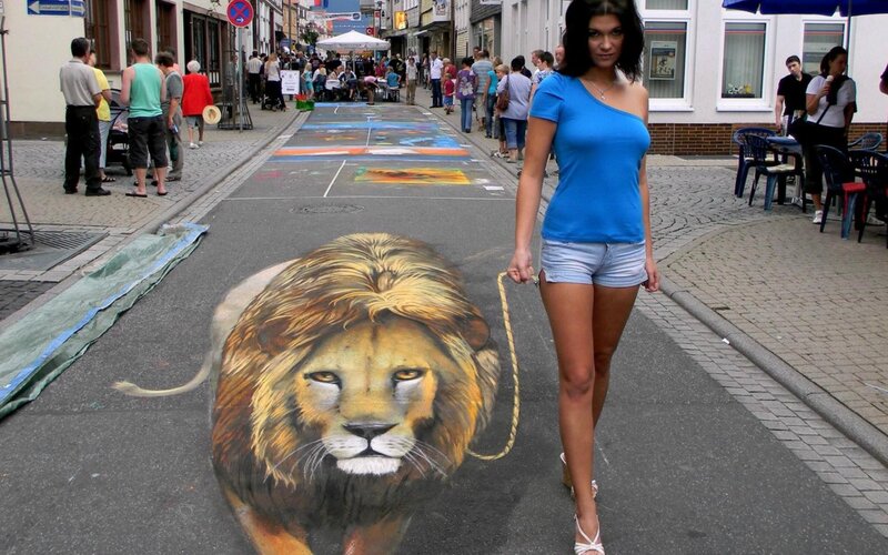 Woman Walking with Lion Drawing