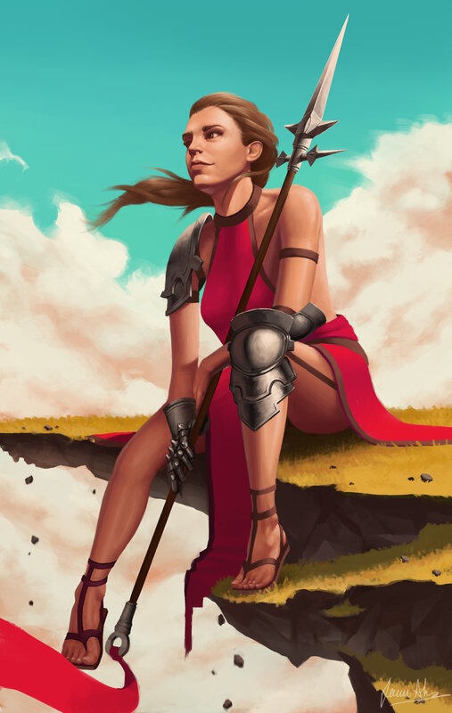 Woman Warrior with Spear — Red, Dramatic