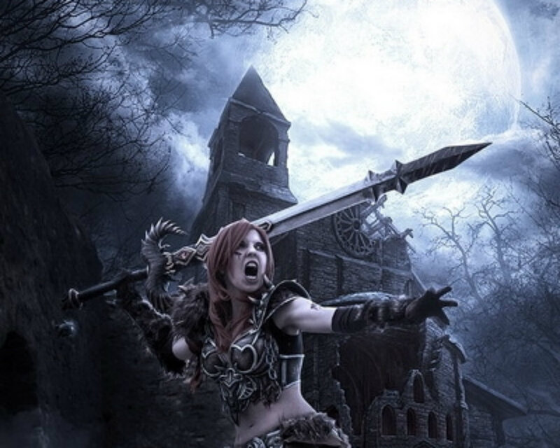 Woman Warrior with Sword — Blue, Dramatic