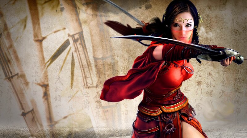 Woman Warrior with Sword — Red, Dramatic