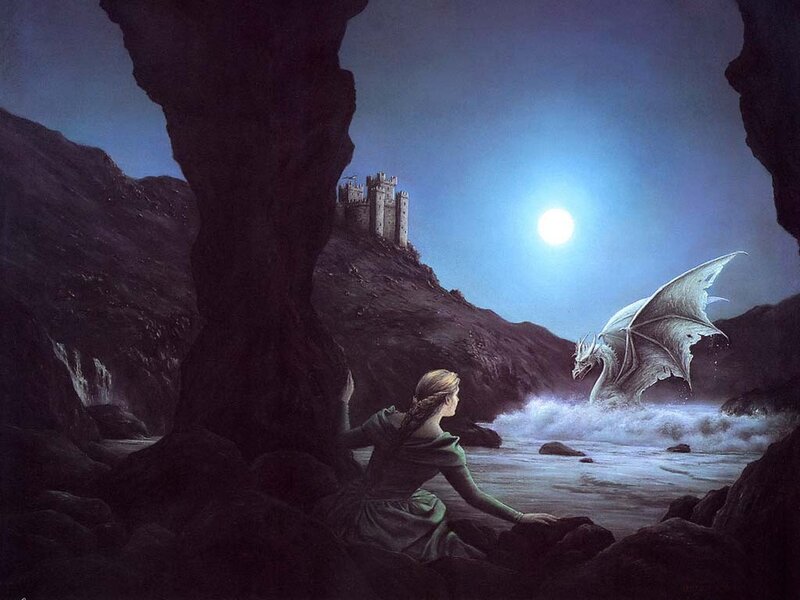 Woman watching a dragon by moonlight