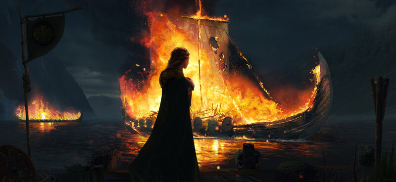 Woman Watching Burning Ship