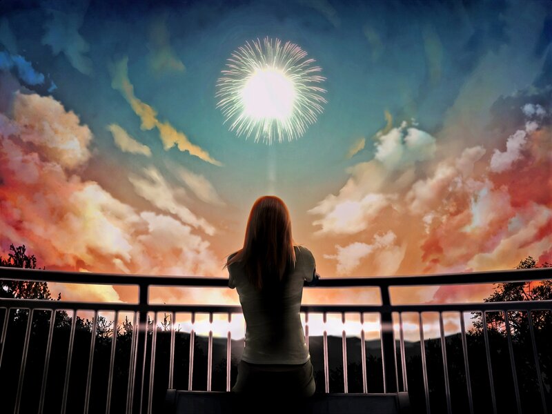 Woman Watching Fireworks — Blue
