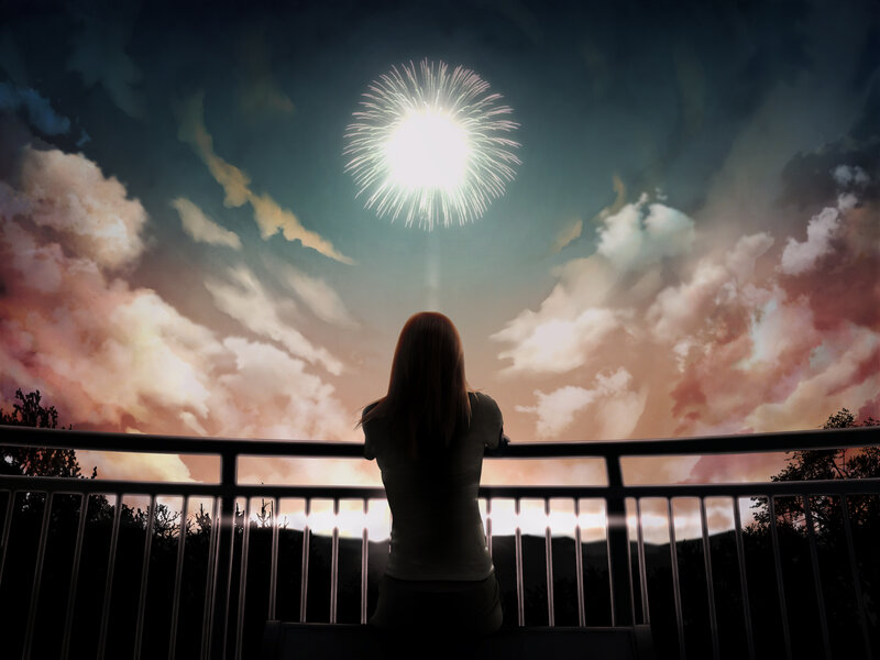 Woman Watching Fireworks — Dark Blue