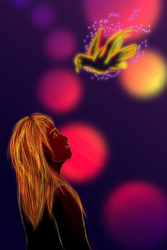 woman watching glowing bird