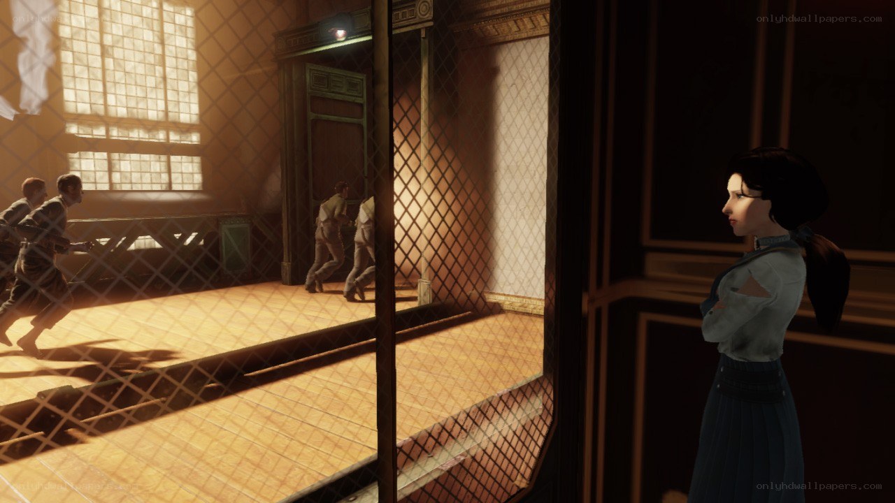 woman watching men through a window