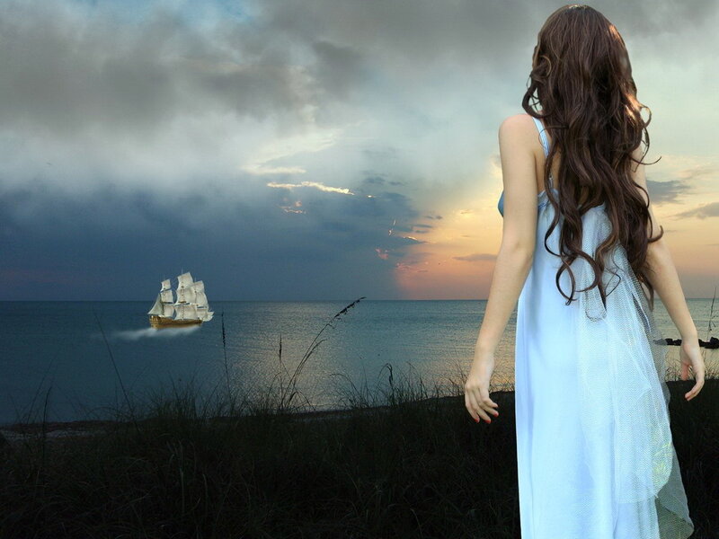 woman watching ship at sunset