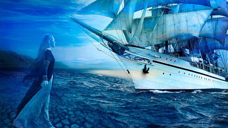 Woman Watching Ship — Blue, Dramatic, Night