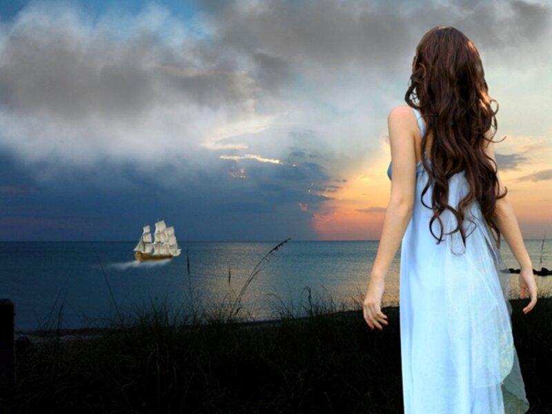 Woman Watching Ship — Blue, Dramatic, Sunset