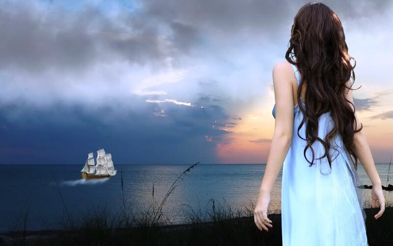 Woman Watching Ship — Blue, Dramatic