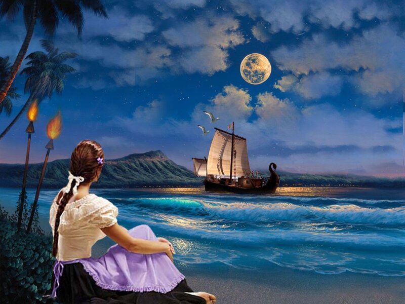Woman Watching Ship — Blue, Serene