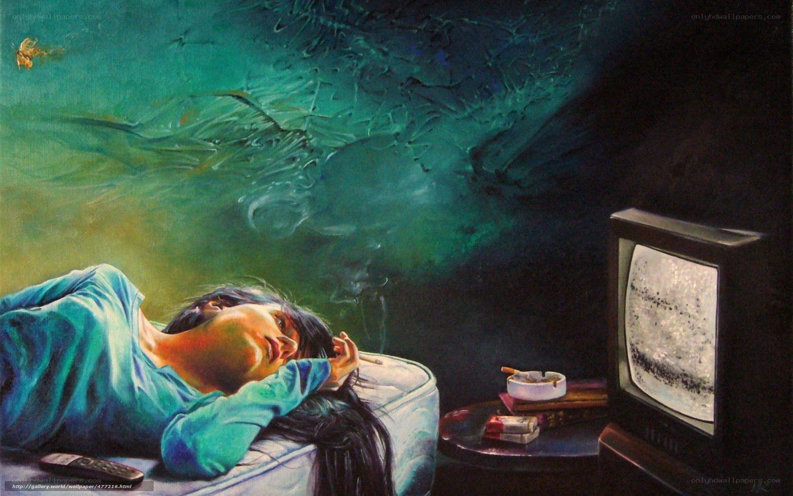 Woman watching static TV