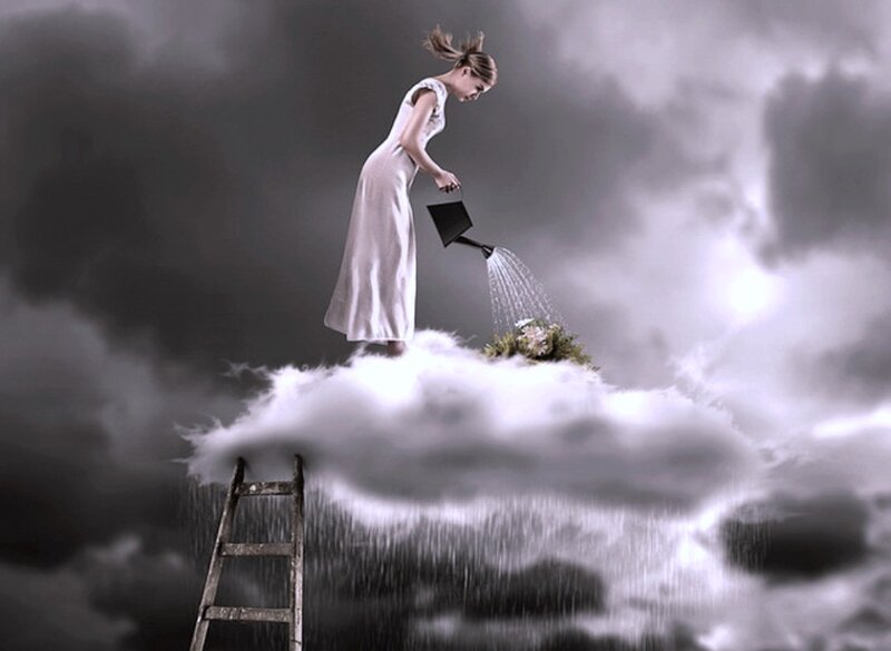 Woman Watering Flowers — Gray