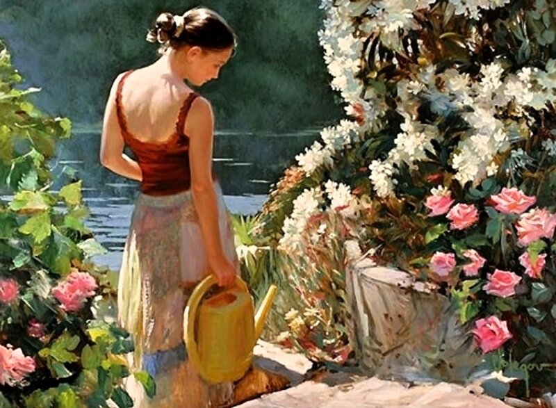 Woman Watering Flowers — Green